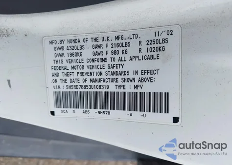 2003 Honda Cr-V Ex z USA, uszkodzony, nr VIN SHSRD78853U108319